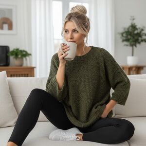 Olive Green Boucle Eyelash Knit Hi-low Sweater Top